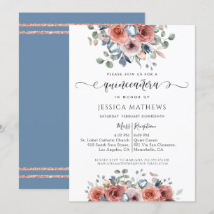 Invitation Quinceañera Bleu rose or Blissé Floral
