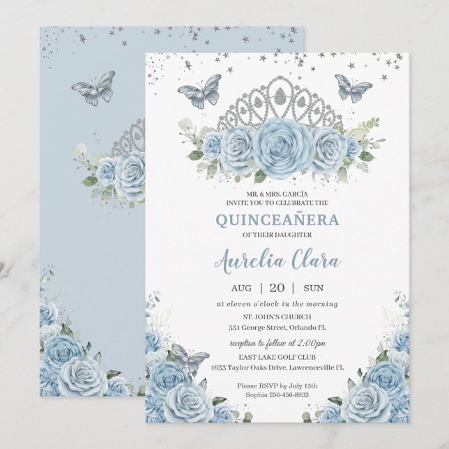 Invitation Quinceañera Bleu Roses Floral Argent Couronne (Devant / Derrière)