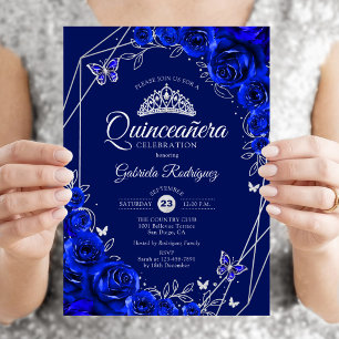 Invitation Quinceanera Bleu Royal Fleurs Argent
