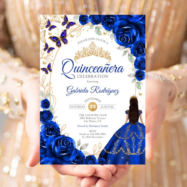 Invitation Quinceanera Bleu Royal Or Floral (Créateur téléchargé)