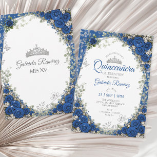 Invitation Quinceañera bleu royal papillons argentés