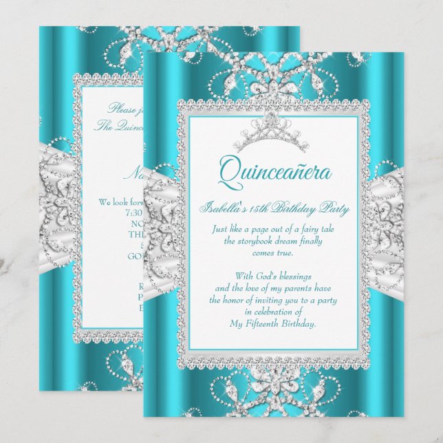 Invitation Quinceanera bleu turquoise 15ème anniversaire fête (Devant / Derrière)