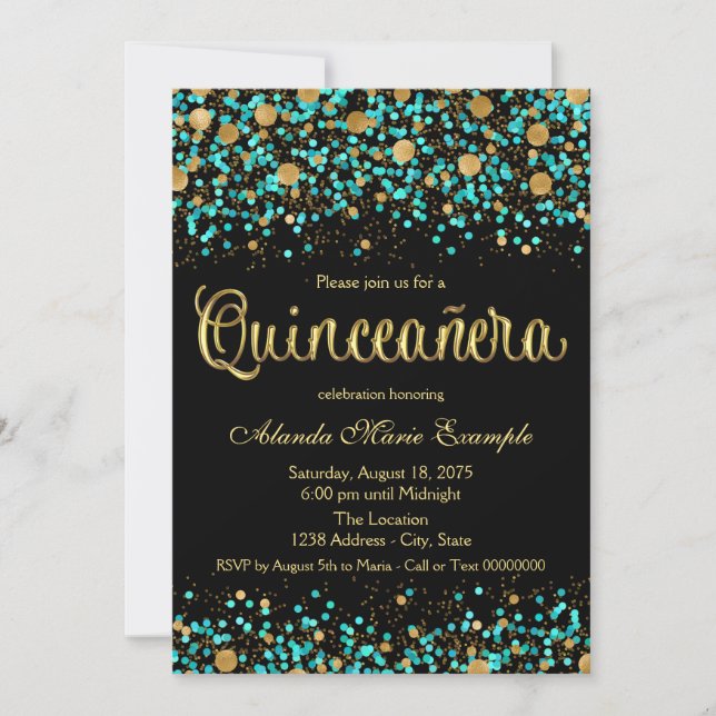 Invitation Quinceanera bleu turquoise et or (Devant)