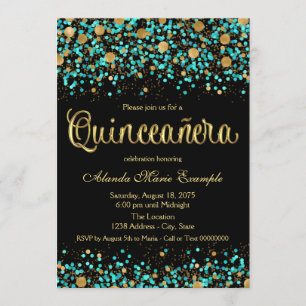 Invitation Quinceanera bleu Turquoise et or