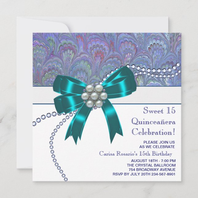 Invitation Quinceanera bleu turquoise violet (Devant)