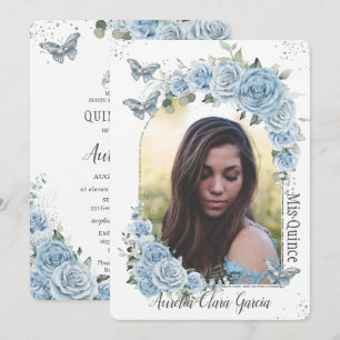 Invitation Quinceañera Blue Floral Princess Butterflies Photo