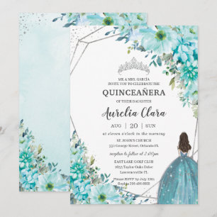 Invitation Quinceañera Blue Floral Silver Princess