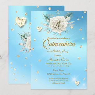 Invitation Quinceanera Blue Gold Parties scintillant Rose Flo