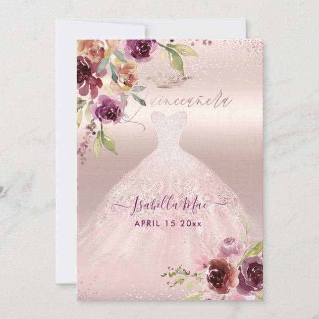Invitation Quinceanera Blush Bourgogne Aquarelle Fleurs (Devant)