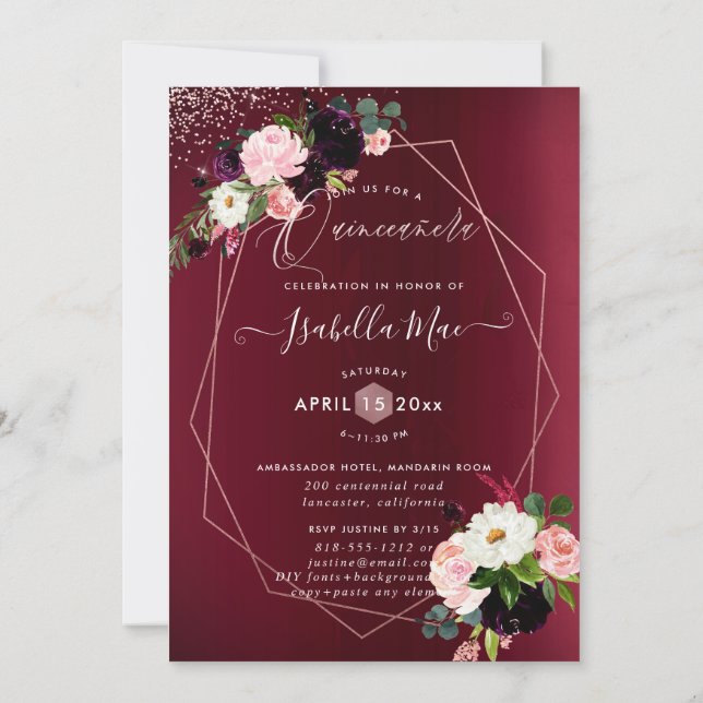 Invitation Quinceanera Blush Bourgogne Aquarelle Fleurs (Dos)
