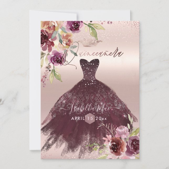 Invitation Quinceanera Blush Bourgogne Aquarelle Fleurs (Devant)