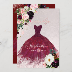 Invitation Quinceanera Blush Bourgogne Aquarelle Fleurs