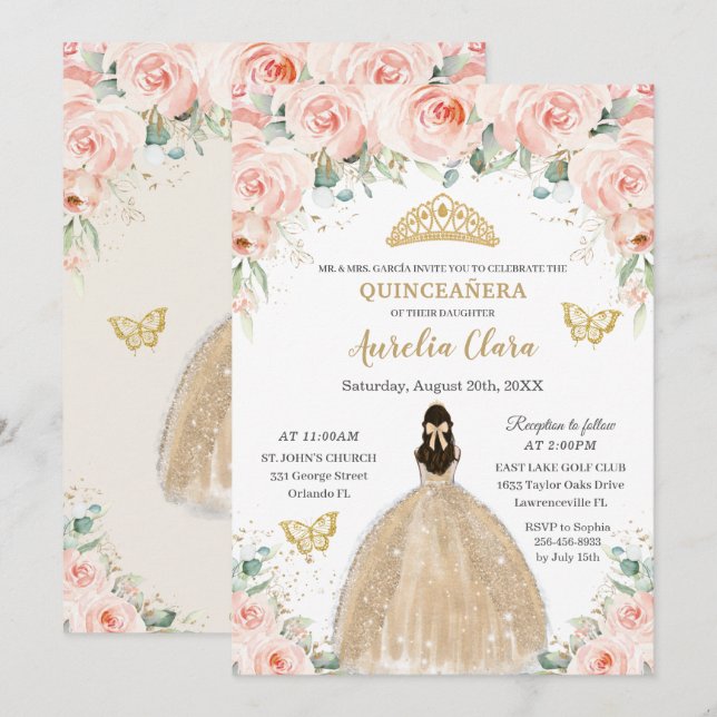 Invitation Quinceañera Blush Floral Champagne Robe Princesse (Devant / Derrière)