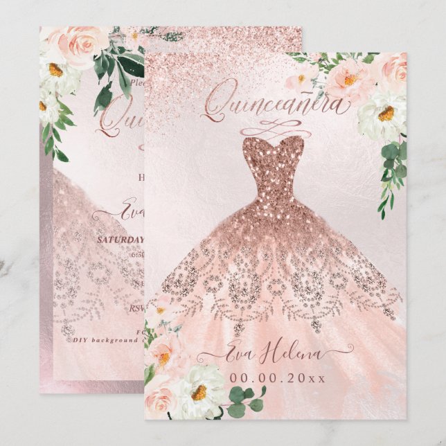 Invitation Quinceañera, Blush Floral Gown Rose Gold (Devant / Derrière)