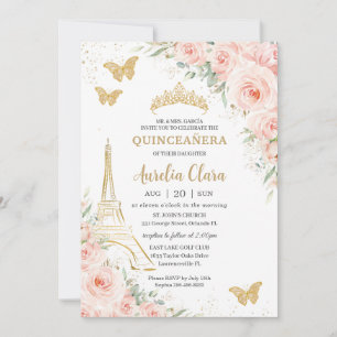 Invitation Quinceañera Blush Floral Paris Eiffel Champagne