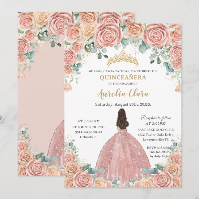 Invitation Quinceañera Blush Floral Rose Gold robe Princesse (Devant / Derrière)