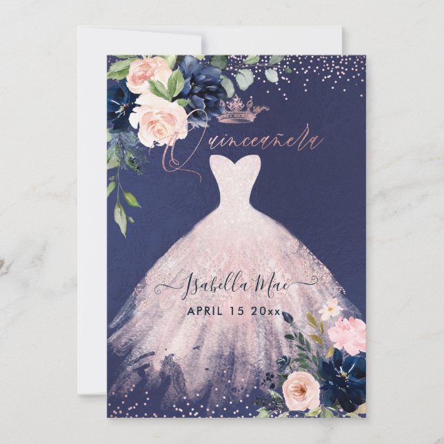 Invitation Quinceanera Blush Navy Blue Aquarelle Fleurs Inv (Devant)