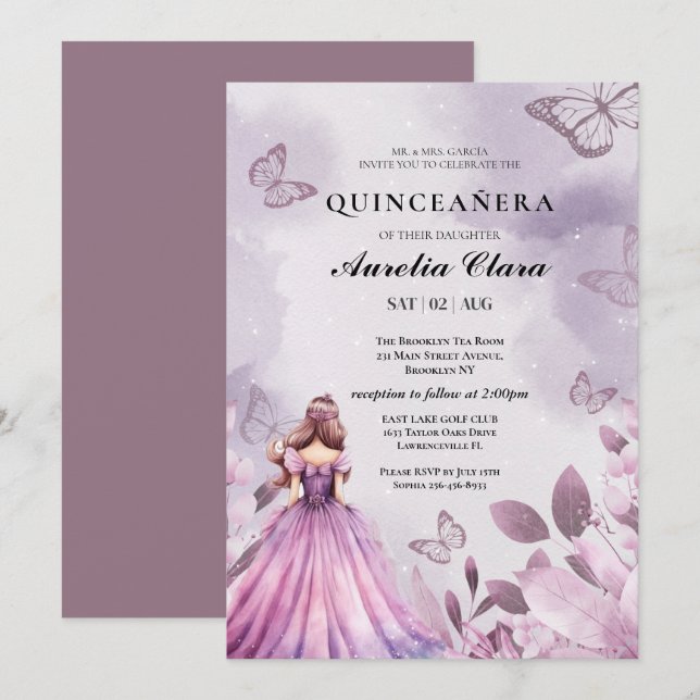 Invitation Quinceañera Blush  papillon floral violet  (Devant / Derrière)