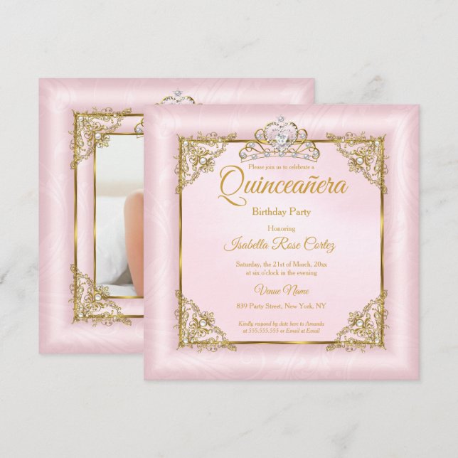 Invitation Quinceanera Blush Pink Damas photo Gold Tiara 2 (Devant / Derrière)