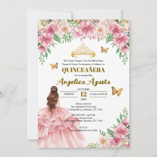 Invitation Quinceañera Blush Pink Floral Princess Spanish