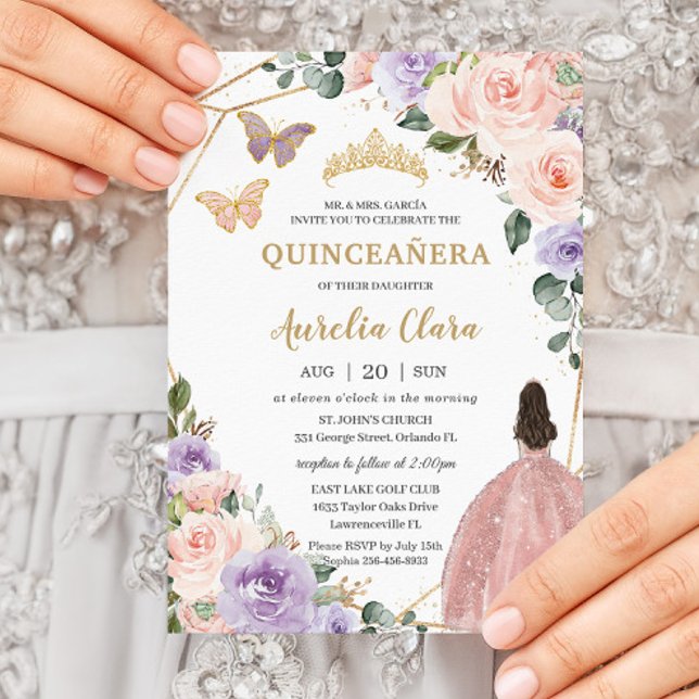 Invitation Quinceañera Blush Pink Lilac Purple Floral 16e (Créateur téléchargé)
