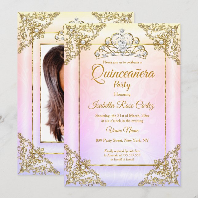 Invitation Quinceanera Blush Pink Purple photo Gold Tiara (Devant / Derrière)