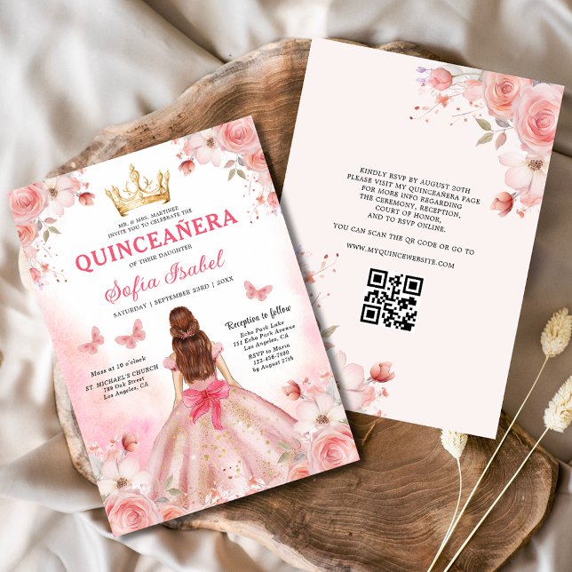 Invitation Quinceañera Blush Pink QR Code Floral (Créateur téléchargé)