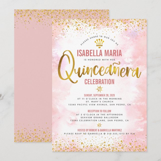 Invitation Quinceañera Blush Rose Aquarelle Or Foil Girl (Devant / Derrière)