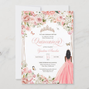 Invitation Quinceanera Blush Rose Blanc Floral & Papillon In