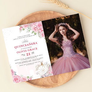 Invitation Quinceanera Blush rose Floral Argent photo de la C