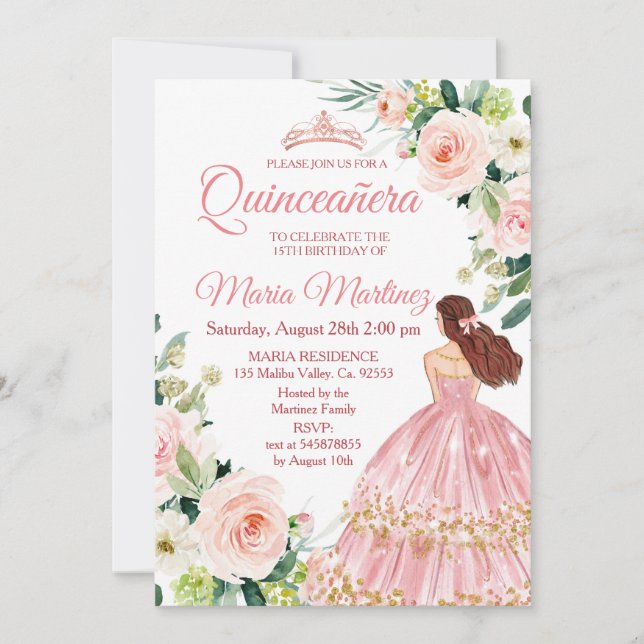 Invitation Quinceanera Blush rose Floral mexicain Anniversair (Devant)