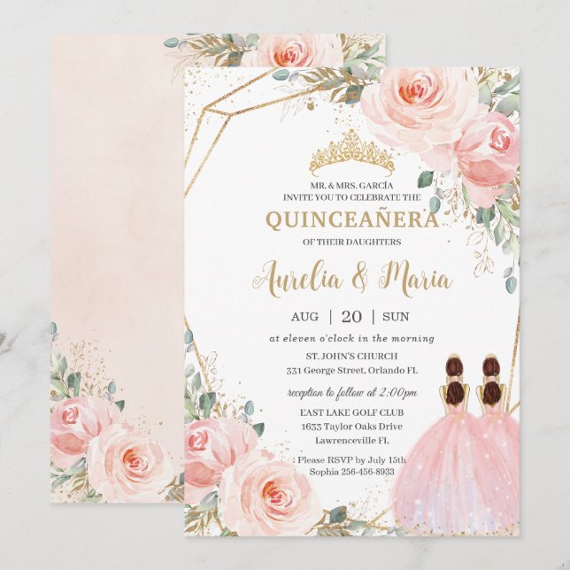 Invitation Quinceañera Blush Rose Floral Mis Quince XV Twins (Devant / Derrière)