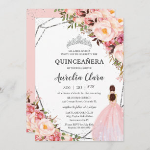 Invitation Quinceañera Blush rose Floral Princess Silver