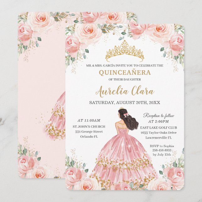 Invitation Quinceañera Blush rose Floral Princesse Anniversai (Devant / Derrière)