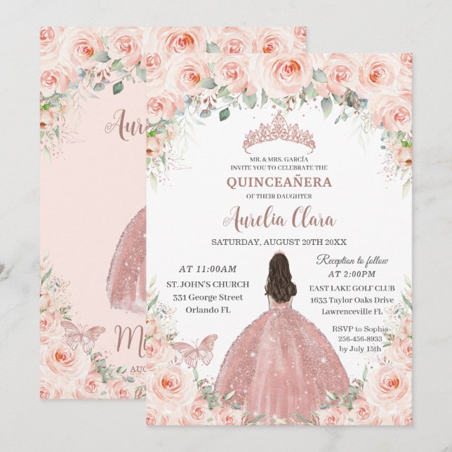 Invitation Quinceañera Blush rose Floral Rose Gold Princesse (Devant / Derrière)