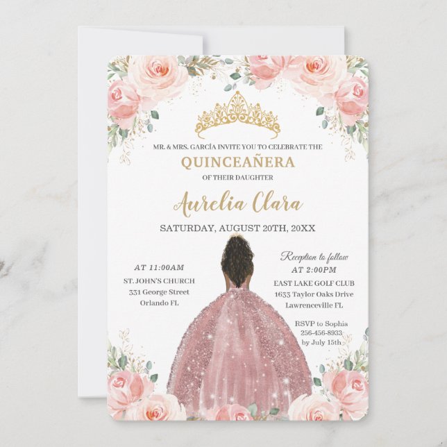 Invitation Quinceañera Blush rose Floral Rose Or Brown fille (Devant)