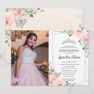 Invitation Quinceañera Blush rose Floral Rose photo papillon