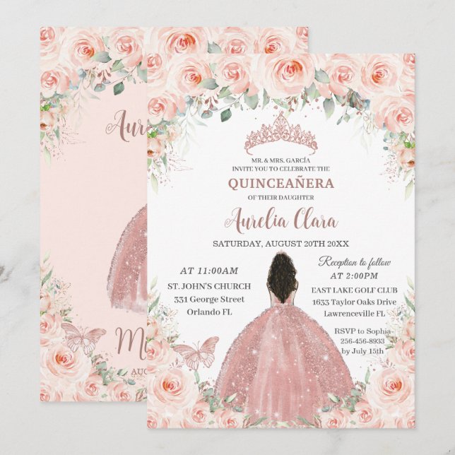 Invitation Quinceañera Blush rose Floral Rose Robe d'or fille (Devant / Derrière)