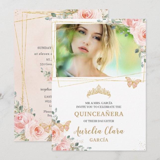 Invitation Quinceañera Blush Rose Rose Floral Butterfly Photo (Devant / Derrière)