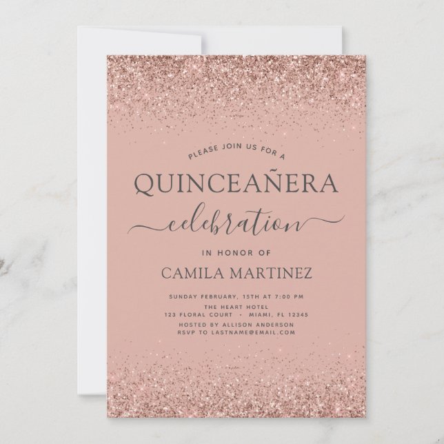 Invitation Quinceanera Blush Rose Rose Parties scintillant or (Devant)