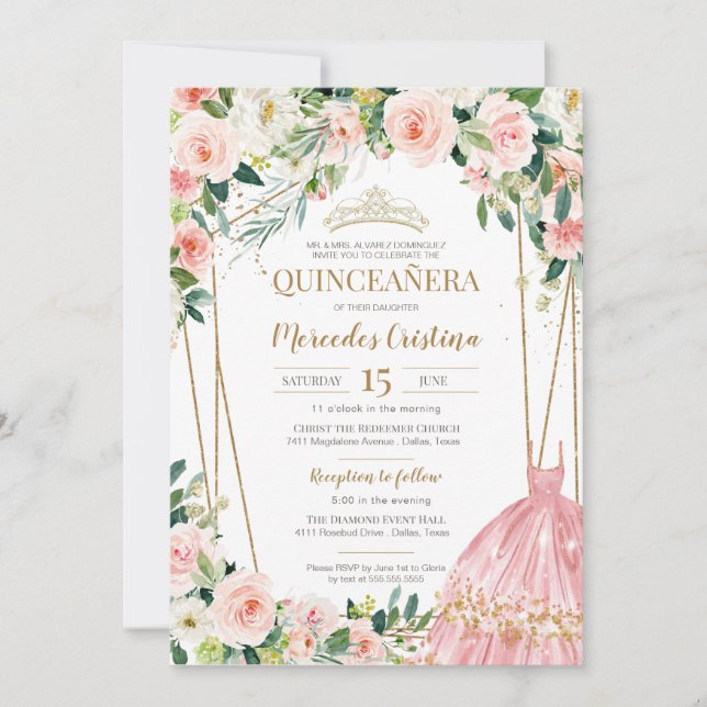 Invitation Quinceanera Blush Roses rose et Gold Pearl Tiara (Devant)