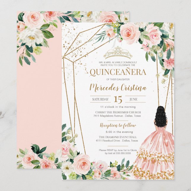 Invitation Quinceanera Blush Roses Rose et Or, Girl Gown I (Devant / Derrière)