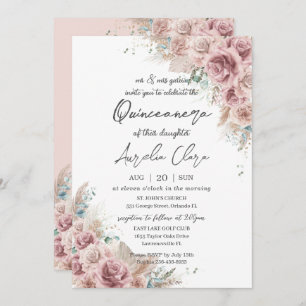 Invitation Quinceañera Boho Blush Dusty Rose Floral Pampas