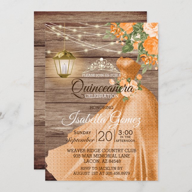 Invitation Quinceañera Bois et fleurs orange (Devant / Derrière)