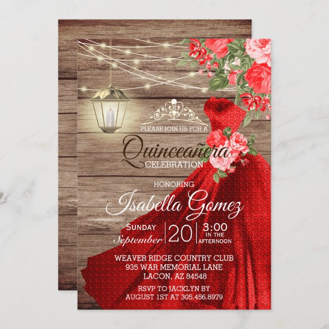 Invitation Quinceañera Bois et Fleurs rouges (Devant / Derrière)