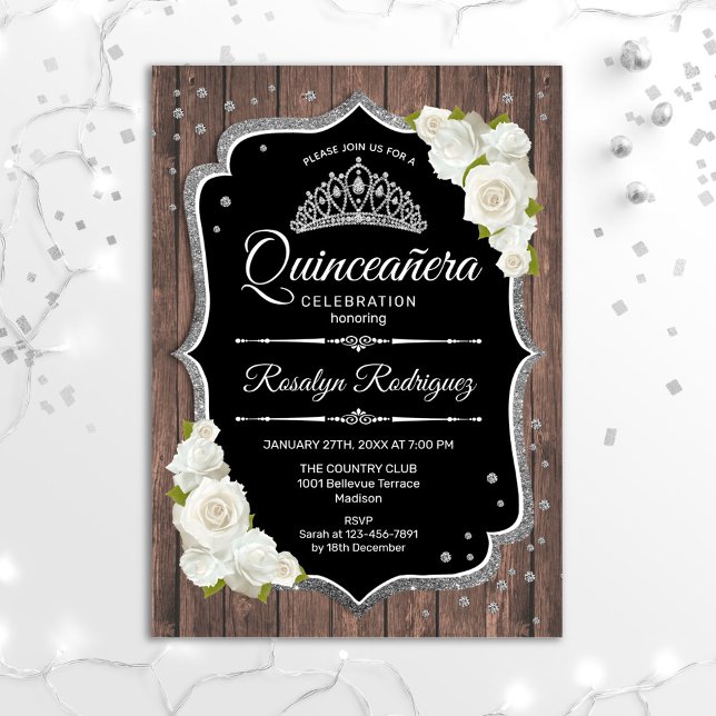 Invitation Quinceanera - Bois rustique blanc argenté (Créateur téléchargé)