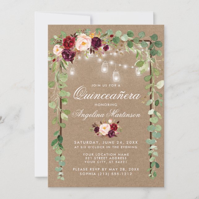 Invitation Quinceanera Botanique Floral Cadre en Bois Kraft (Devant)