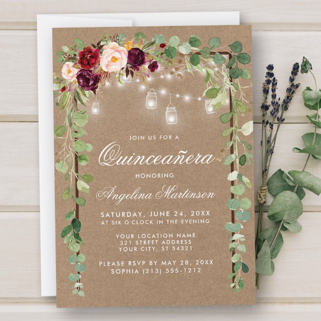 Invitation Quinceanera Botanique Vert Bois Floral Kraft (Customize to add more text or photos to back of card.)