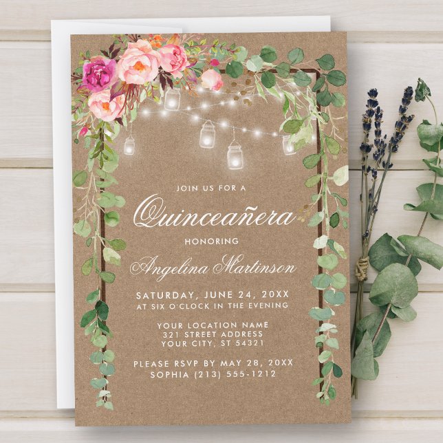 Invitation Quinceanera Botanique Vert rose Floral Bois Kraft (Customize to add more text or photos to back of card.)