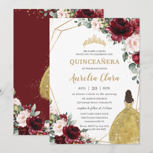 Invitation Quinceañera Bourgogne Blush Floral Or robe Couronn (Devant / Derrière)